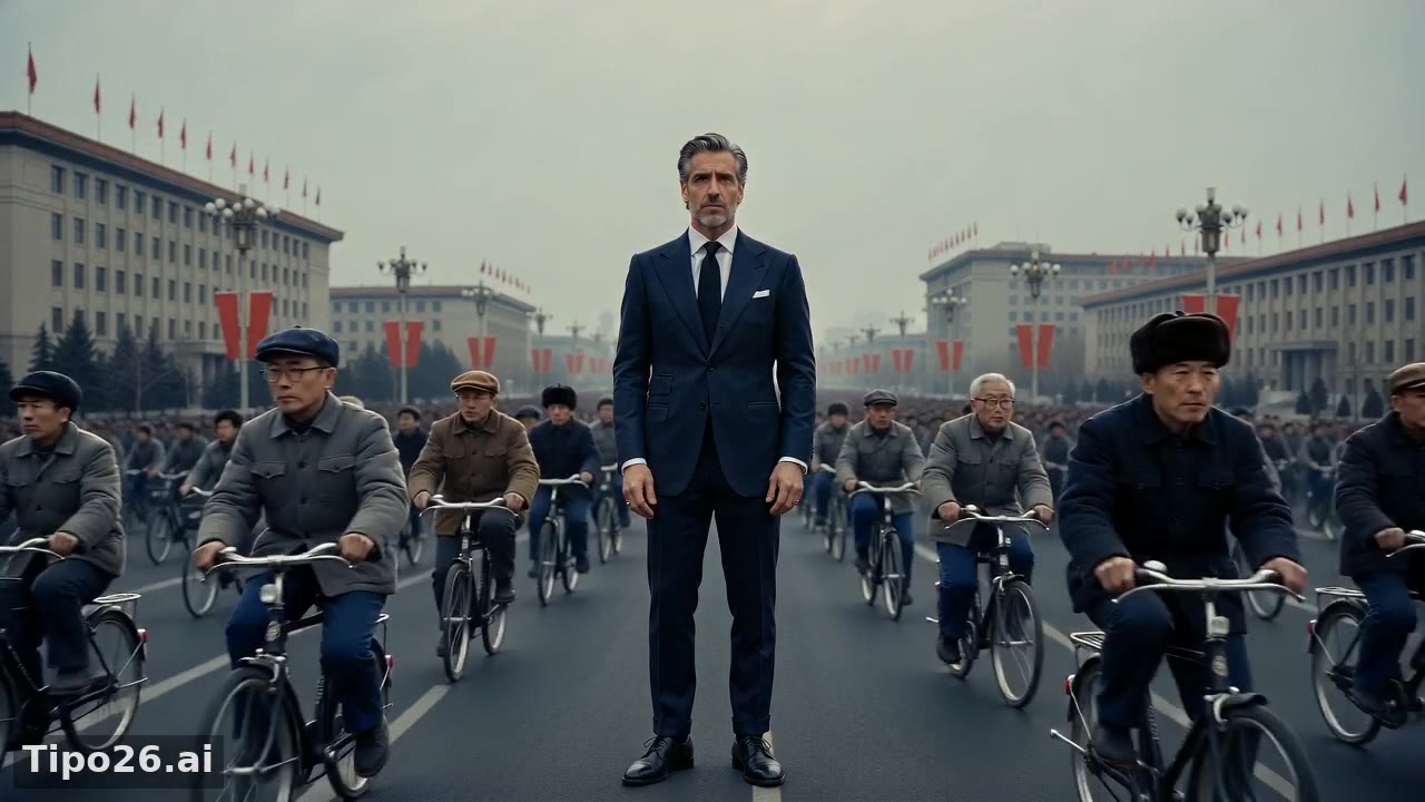 A man in a tailored suit stands amid a sea of bicycles on Chang'an Avenue, Beijing 1991